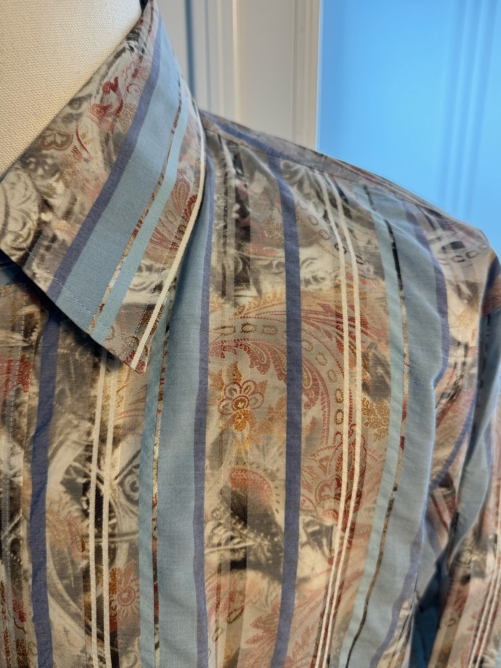 Hugo Boss Shirt XXL Blue Stripe Paisley Print Button Down